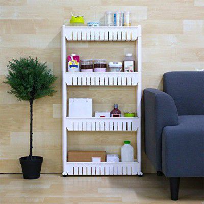 Ebee 4 Layer Storage Organizer Slim Plastic Rack Shelf with Wheels - White, Plastic Shelves
