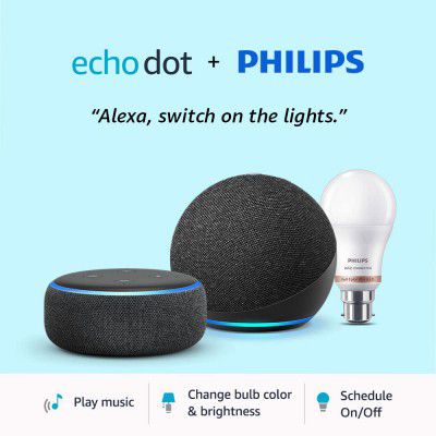 Echo Dot (3rd Gen, Black) combo with Echo Dot (4th Gen, Black) and Philips 9W smart color bulb
