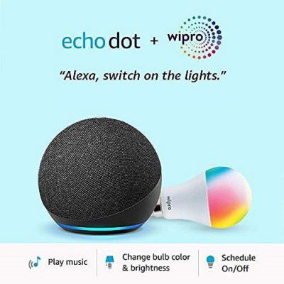 Echo Dot (4th Gen, Black) and Wipro 9W LED Smart Color Bulb combo - Smart Home starter kit