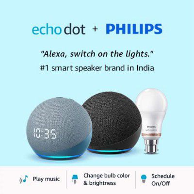 Echo Dot (4th Gen, Black) and Echo Dot with clock (4th Gen, Blue) combo with Philips 9W LED smart Bulb