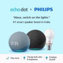 Echo Dot (4th Gen, Black) and Echo Dot with clock (4th Gen, Blue) combo with Philips 9W LED smart Bulb...
