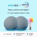 All-new Echo Dot (4th Gen) gift twin pack with Wipro 9W LED smart color bulb...