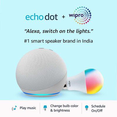 Echo Dot (4th Gen, White) and Wipro 9W LED Smart Color Bulb combo - Smart Home starter kit