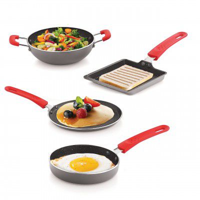 ECHT Granite Mini Series Non Stick Combo of 4 (13cm Sqaure Grill Pan,15.5 cm Frying Pan,20cm Dosa Tawa and 16.5 cm Kadai, Idle for Saute,Frying,dosa and rotis vegies and Omelettes, Grey