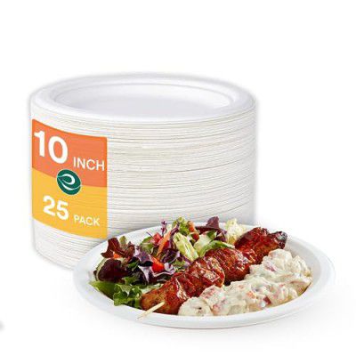 ECO SOUL [10 inch, 25 Pack] Disposable Bagasse Plates | Eco-friendly, Biodegradable, Sugarcane Paper Plates | For Serving Snacks & Dinner | Birthday, Wedding & Party | Round, White