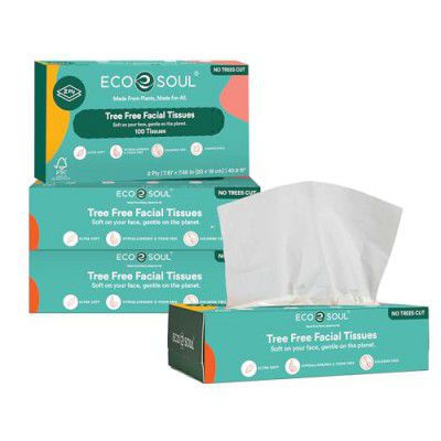 ECO SOUL [2 Ply, 400 Pulls] Tree-Free Paper Facial Tissue | Pack of 4 (100 Pulls Per Pack) | Ultrasoft & Highly Absorbent | Eco Friendly, Natural, Biodegradable | Everyday Facial Tissue
