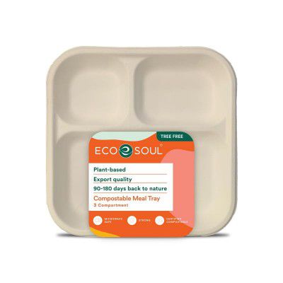 ECO SOUL [3-Compartment, Pack of 25 Disposable Meal Tray | Compostable Bagasse Plates, Beige