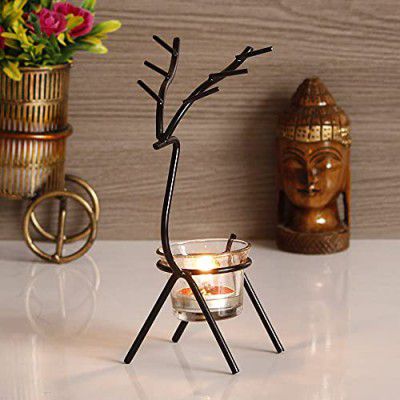 eCraftIndia Black Metal Deer Shape Decorative Tea Light Candle Holder- Tea Light Holder- Diwali Decoration Items for Home Decor- Gift for Diwali Christmas Housewarming Birthday