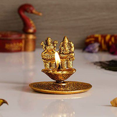 eCraftIndia Goddess Laxmi & Lord Ganesha Golden Metal Diya,Gold,One Size,AGLG508