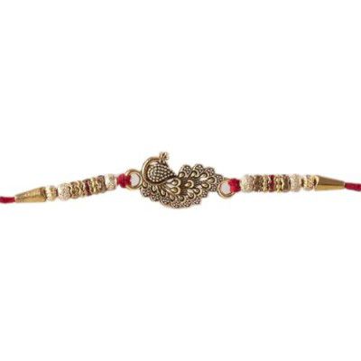 eCraftIndia Golden & Red Beautiful Peacock Designer Rakhi with Roli Chawal Pack - Rakhi for Brother, Bhaiya, Bhai