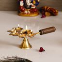 eCraftIndia Golden Brass Panchdeep Diya for 5 Cotton Wicks with Wooden Holder - Decorative Brass Diya for Spiritual Ceremonies, Home Decor - Gift for Diwali, Navratri Festivals & Religious Occasions...