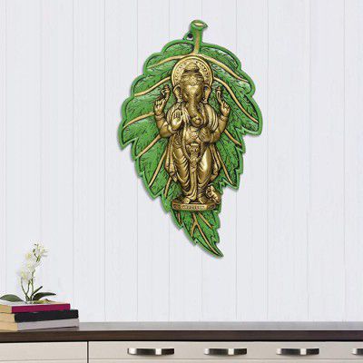 eCraftIndia Golden Chaturbhuj Lord Ganesha on Green Leaf Metal Wall Hanging, Golden and Green, one Size, AGG561