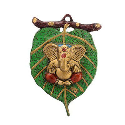 eCraftIndia Golden Metal Lord Ganesha in Red Dhoti on Green Leaf Wall Hanging Decorative showpiece for Home Decor, Wall Decor, Pooja Room Temple & Housewarming, Festival Gift