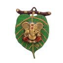 eCraftIndia Golden Metal Lord Ganesha in Red Dhoti on Green Leaf Wall Hanging Decorative showpiece for Home Decor, Wall Decor, Pooja Room Temple & Housewarming, Festival Gift...