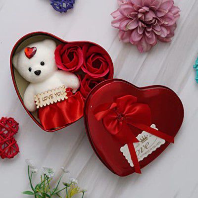 eCraftIndia Heart Shaped Valentines Day Gift Box with I Love You Message Teddy Bear 3 Red Roses