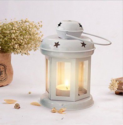 eCraftIndia Metal Lantern Decoration with Tea Light Candle&nbsp; (10 cm x 10 cm x 15 cm, White)