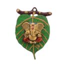eCraftIndia Metal Lord Ganesha in Red Dhoti on Green Leaf Wall Hanging (AGG512_GN), Multicolour...