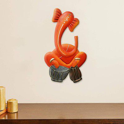 eCraftIndia Musician Lord Ganesha Playing Dholak Handcrafted Iron Wall Hanging
