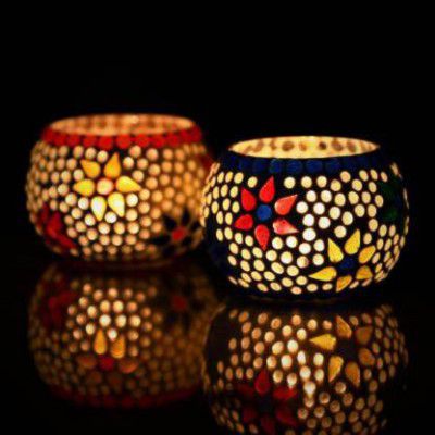 eCraftIndia Pack of 2 Mosiac Tea Light Holder Glass Tealight Holder Set  (Multicolor Pack of 2)