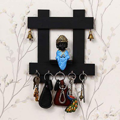 eCraftIndia Peaceful Buddha Sitting Wooden Keyholder with 5 Key Knobs