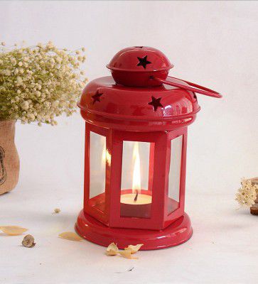 eCraftIndia Red Metal Lantern Tea Light Holder