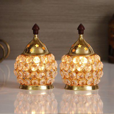 eCraftIndia Set of 2 Golden Brass and Crystal Akhand Diya 