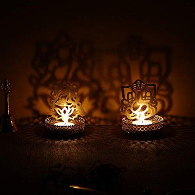 eCraftIndia Set of 2 Golden Metal Lord Ganesha and Goddess Lakshmi Shadow Tea Light Holders 