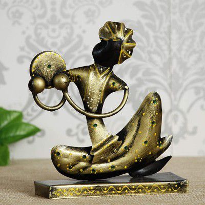 eCraftIndia Tribal Man with Pagdhi Playing Musical Instrument Decorative Showpiece, Golden and Black, one Size (IRLADY511)