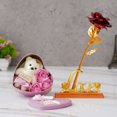 eCraftIndia Valentine Gift for Girlfriend Boyfriend| Love Golden Red Rose Showpiece