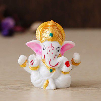 eCraftIndia White Lord Ganesha Idol with Golden Mukut, (MSGG638)