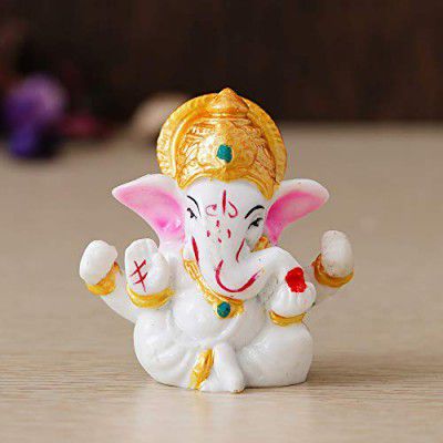 eCraftIndia White Polyresin Lord Ganesha Idol with Golden Mukut Decorative Religious Showpiece for Home Decor, Pooja Room, Temple & House Warming Gift