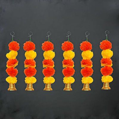 eCraftIndia Yellow Orange Artificial Marigold Flower Garland with Golden Bells (Pack of 6) 