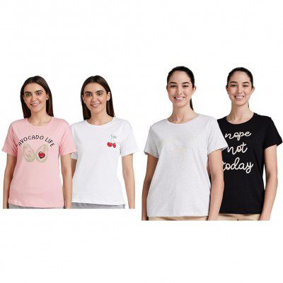 Eden & Ivy Women's Solid T-Shirts (Pack of 2): Pink & White (ENISS22WTE501, Size S) & Grey & Black (ENISS22WTE501, Size S)