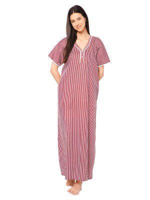 Eight Colors Maxi Casual Cotton Striped Printed Nightgown for Women (Maxi Nighty_Kajal_Bottle Green_Free Size)