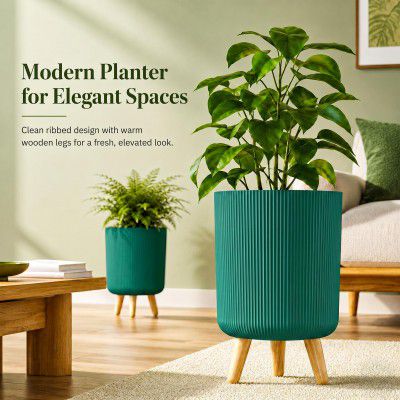 Eightiz Store Modern Green Flower Pot with Plastic Legs | Indoor Outdoor Planter for Home Garden Balcony Decor Ribbed Design Sturdy Plastic Mid-Century Style (Green, Pack of 2)