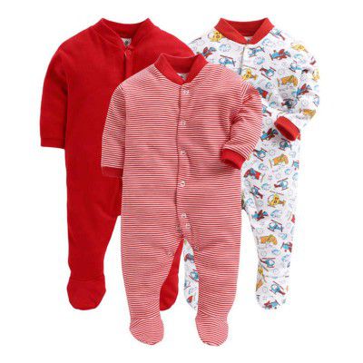 EIO® 100% Cotton Rompers Sleepsuits Jumpsuit Night Suits for Infants Newborn Baby Boys & Girls Pack of 3