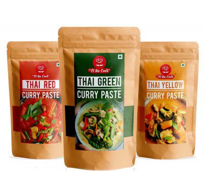 EL The Cook Thai Curry Paste Combo (3 Pack)- Red, Yellow, Green | 100% Veg pastes | Ready to Cook Restaurant style Chicken, Fish, Prawn, Vegetable, Tofu Thai Curry fresh at Home | 50g each Serves 4-5