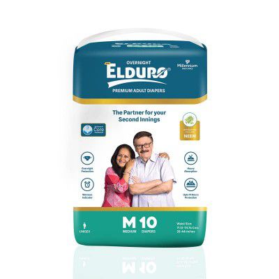 ELDURO Adult Diaper Medium Size | 71.12-111.76cm (28"-44") | Tape Style, Adult Diapers M Size, Adult Diaper Medium Size, Unisex, Leakproof, 14hr Overnight Protection - (10 counts)