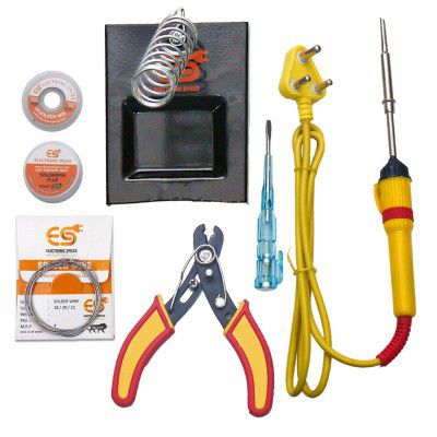 Electronic Spices (7 in 1 ) 25watt Soldring Iron Starter Kit + Paste + Desolder Wire + Soldring Stand + Solder wire + cutter + Tester For electronic projects