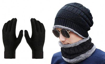 ELEGANCE LIVING Winter Knit Beanie Cap, Neck Warmer Scarf and Woolen Gloves Set for Men