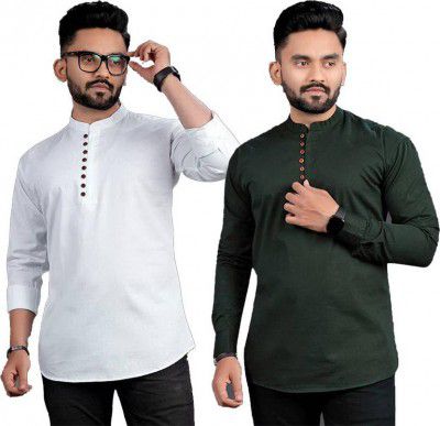 ELEPANTS Pack of 2 Men Solid Cotton Blend Straight Kurta  (Multicolor)
