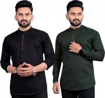 ELEPANTS Pack of 2 Men Solid Cotton Blend Straight Kurta  (Multicolor)