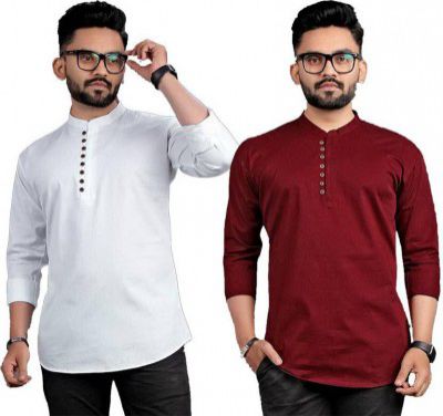 ELEPANTS Pack of 2 Men Solid Cotton Blend Straight Kurta  (Multicolor)