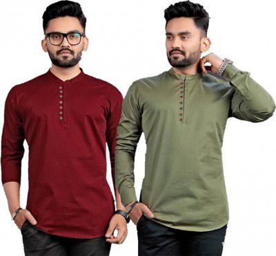 ELEPANTS Pack of 2 Men Solid Cotton Blend Straight Kurta  (Multicolor)