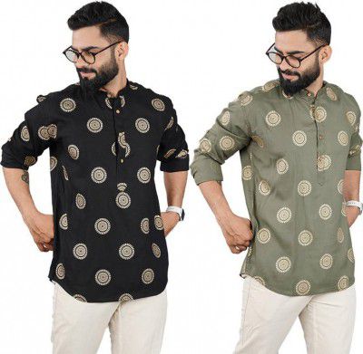 ELEPANTS Pack of 2 Men Solid Cotton Blend Straight Kurta  (Multicolor)