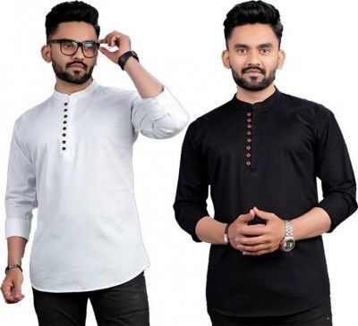 ELEPANTS Pack of 2 Men Solid Cotton Blend Straight Kurta  (Multicolor)