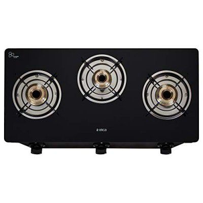Elica Vetro 3 Burner Gas Stove (7031 CT VETRO Black) | Manual Ignition | Toughened Glass Top | High-Efficiency Brass Burners | Elegant Design | 2-Year Warranty