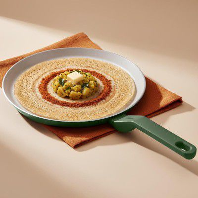 Ember Cookware Arcilla Ceramic Non Stick Tawa 28cm | Non Toxic Roti & Chapati Pan | ISI Certified | Ceramic Cooking Tawa | 1x Spatula | PFAS & PTFE Free | 5-Year Warranty | Green