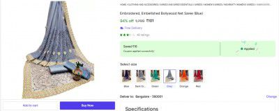 Shopsy : Embroidered, Embellished Bollywood Net Saree (Blue