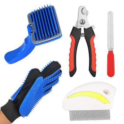 Emily Pets Dog Grooming Kit Combo -Dog Nail Clippers with Filer Dog Manual Kit Dog Plastic Slicker Brush with flea Comb Pet Grooming Glove for Dog Puppy Multicolor (Pack Of 4)
